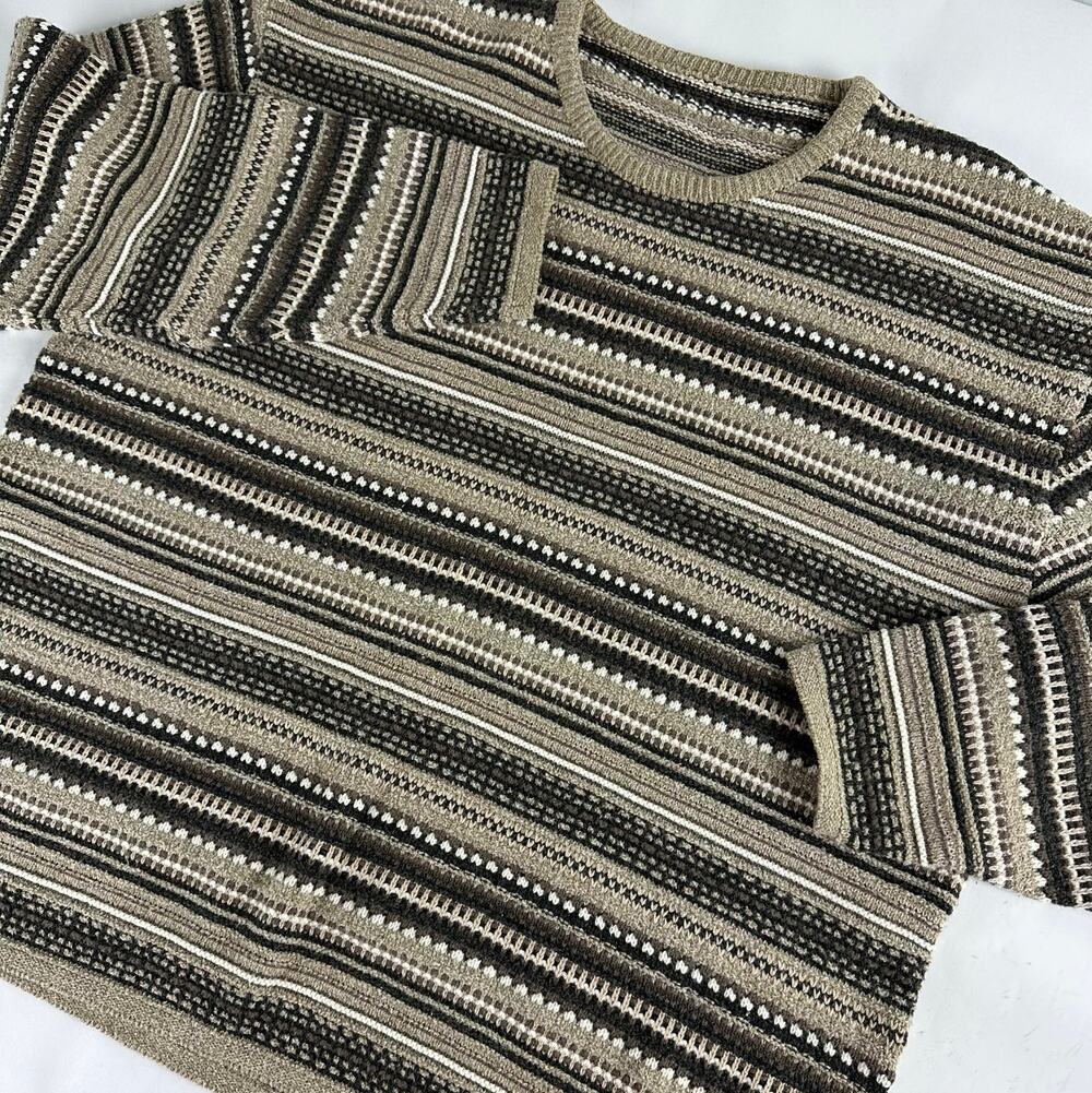 Vintage 90s Knit Striped Sweater Large Neutral Earth Tone Eclectic Grandpa Cabin